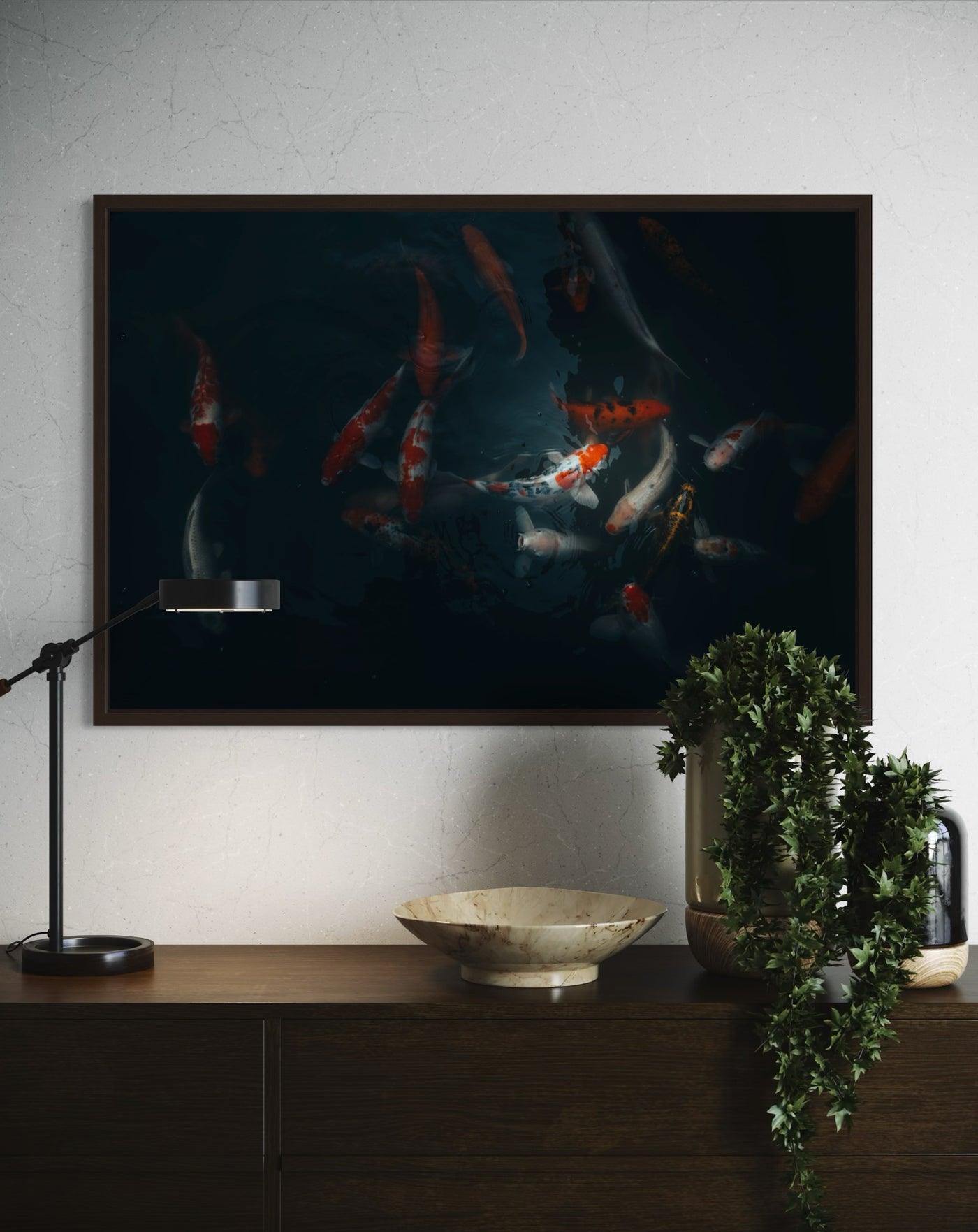 Koi circling through a Vietnam dark pond — fine-art photograph by Kayleigh Groenendijk