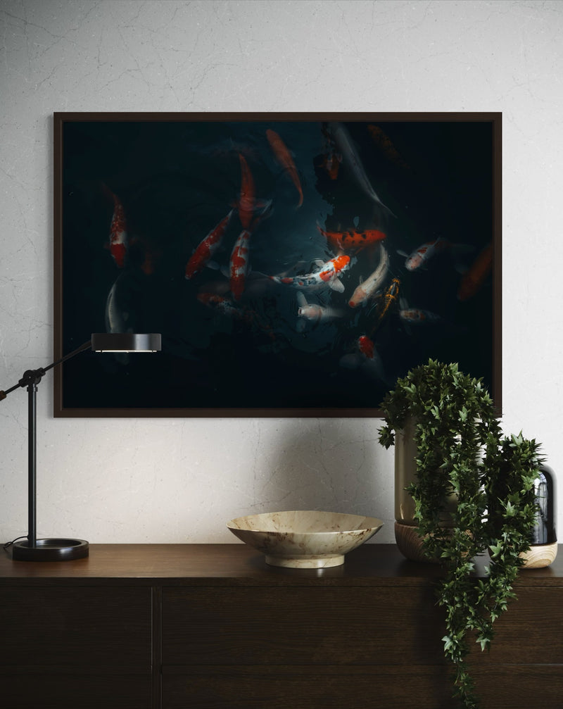 Koi circling through a Vietnam dark pond — fine-art photograph by Kayleigh Groenendijk