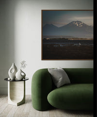 White heron standing before the volcano Mount Batur, Bali — fine-art photograph by Kayleigh Groenendijk