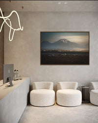 White heron standing before the volcano Mount Batur, Bali — fine-art photograph by Kayleigh Groenendijk
