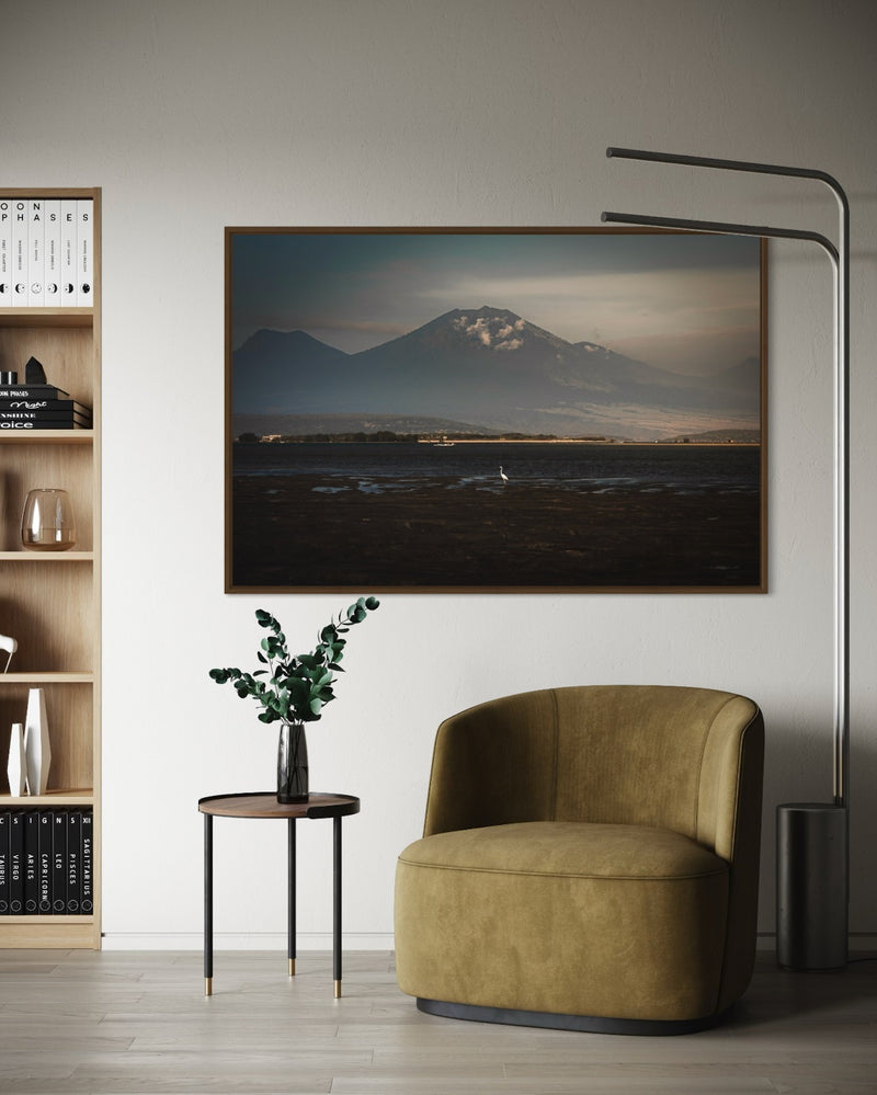 White heron standing before the volcano Mount Batur, Bali — fine-art photograph by Kayleigh Groenendijk