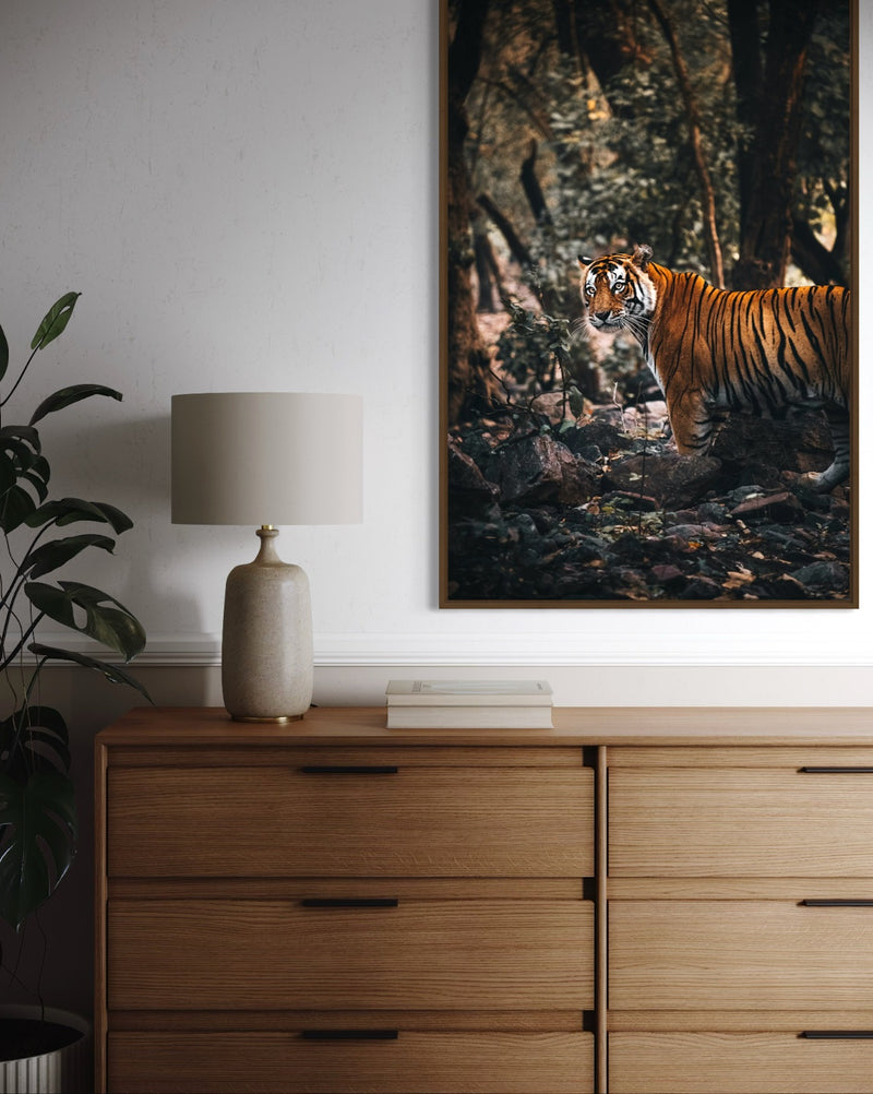 Bengal tiger between the trees in Ranthambore, India — fine-art photograph by Kayleigh Groenendijk